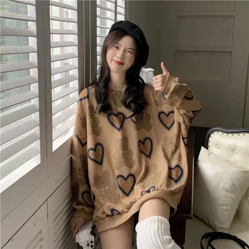 LOVE BEAR Sweater Lucu Oversize Wanita Size M.L.XL | Sweater Korean Style Wanita Oversize | Crewneck Sweater Lucu Wanita Oversize