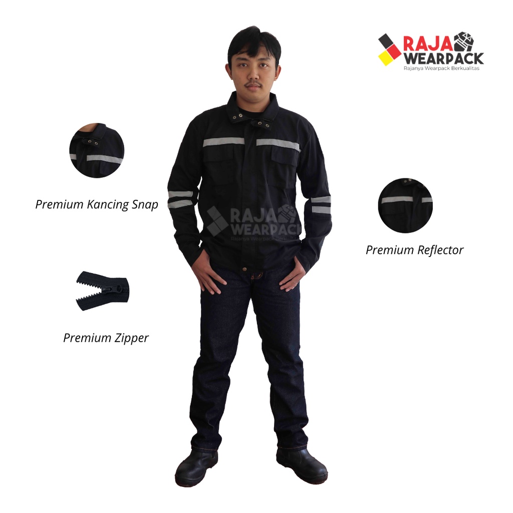 Wearpack Safety Werpak Kerja Lengan Panjang Semi Jaket Kancing Zipper & Snap Warna Hitam
