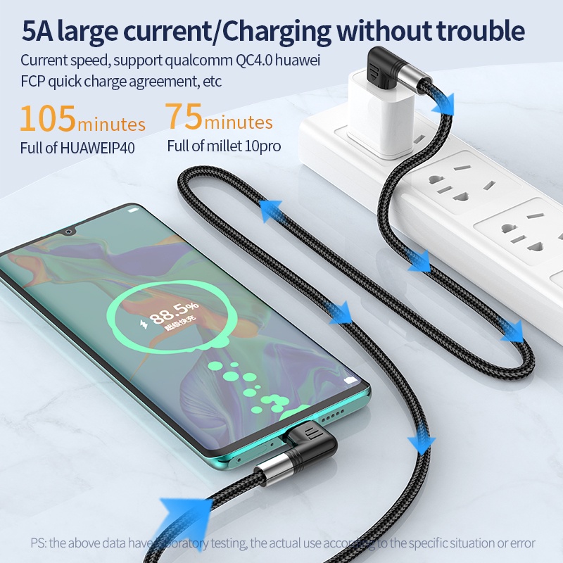 Kabel Data / Charger 5A PD100W Tipe C Fast Charging Model Siku 90 Derajat 90 Degree