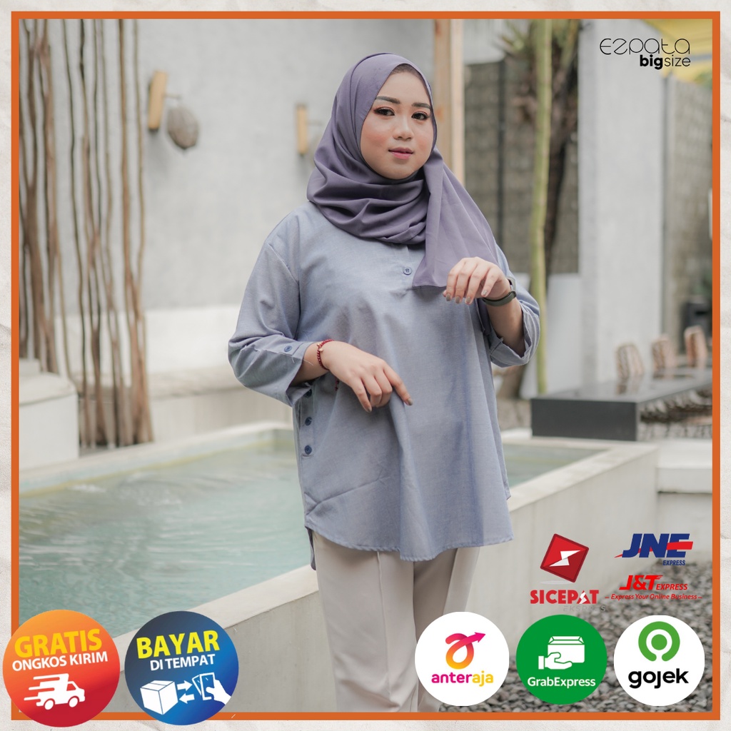 Ezpata Blouse Deynim Polos Atasan Wanita Jumbo LD 128cm Bigsize Katun Semi Denim Kancing Depan Model Terbaru Kekinian Termurah