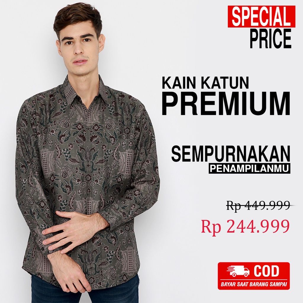 BATIK PRIA LENGAN PANJANG Kemeja Hem Slimfit Premium Motif Puspo Sari Warna Abu Grey 721027 CAP 72 - Baju Kemeja Atasan Pakaian Setelan Batik Pria Cowok Laki Laki Remaja Keluarga Kantor Lengan Panjang Modern Slimfit Slim Fit Premium Kekinian