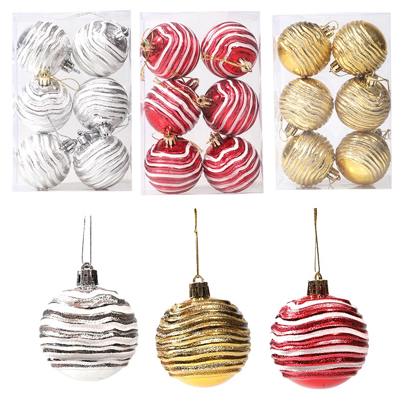 6 Pcs / Set Liontin Bola Glitter Motif Garis Tidak Teratur Untuk Dekorasi Pohon Natal