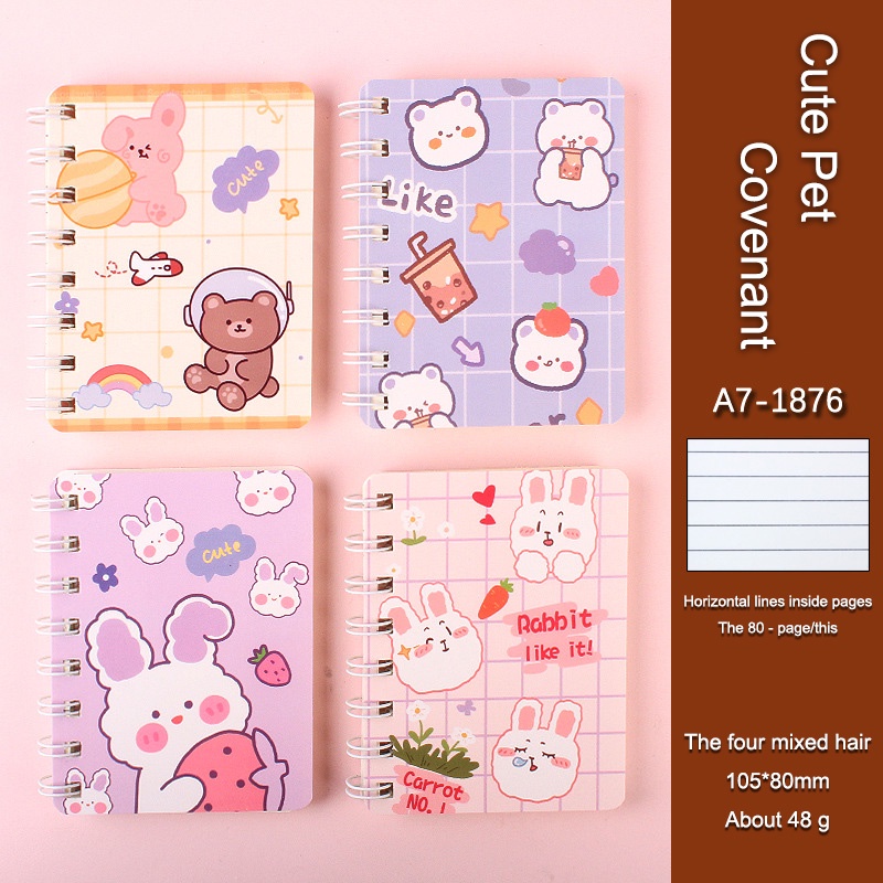 A7  Rollover Coil Buku Notebook Mini Kartun Lucu Mini Notebook Diary Portable Notebook Journal Alat Tulis-Le-Kelinci dan Beruang