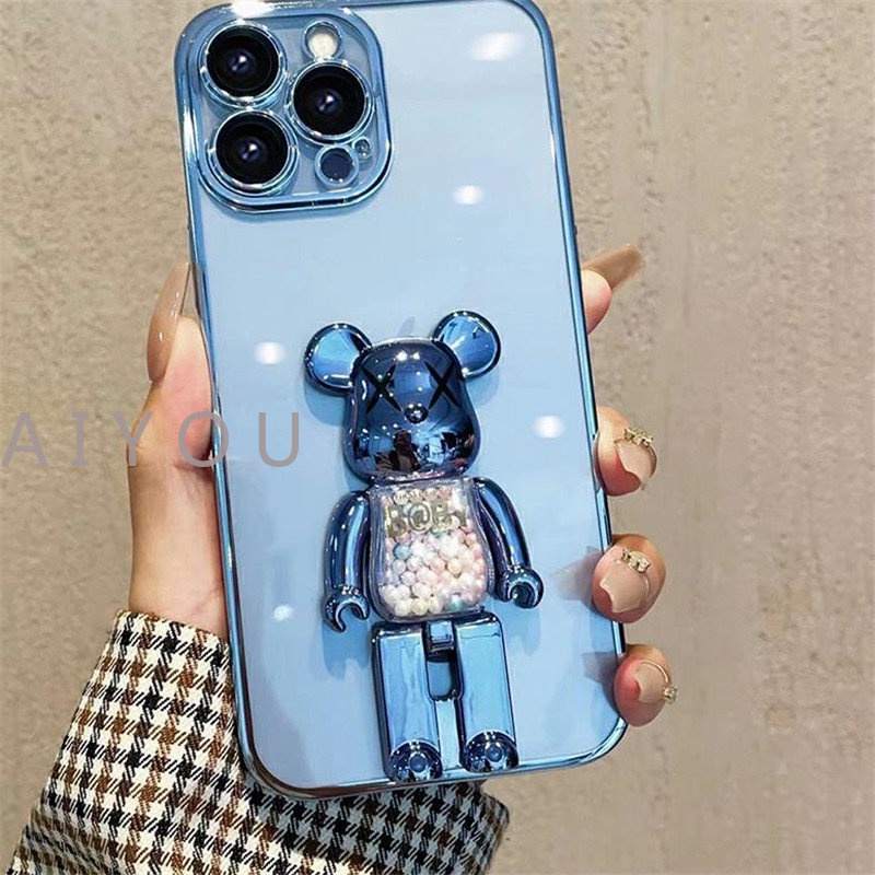 Hard Case Silikon TPU Transparan Electroplated Dengan Stand Beruang Untuk iPhone 14 Pro Max 13 12 Pro Max 14 Plus XR XSMAX 7 8 Plus
