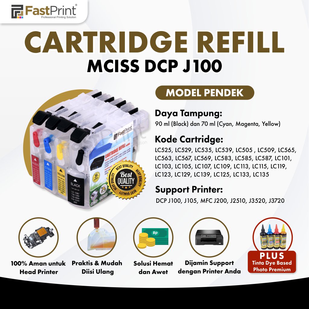 Cartridge MCISS Compatible Printer DCP J100 J105 J200 J2510 J3520 J3720 Pendek Plus Tinta