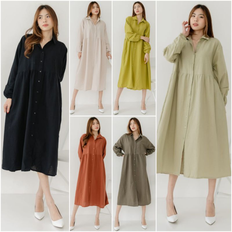 ⚡️CLEARANCE SALE ♡ PREMIUM ♡ ORIGINAL ! ANGGITA BIG SIZE JUMBO LONG SLEEVE COLLAR BUTTON  MIDI DRESS ( BUSUI, HIJAB &amp; BUMIL FRIENDLY )