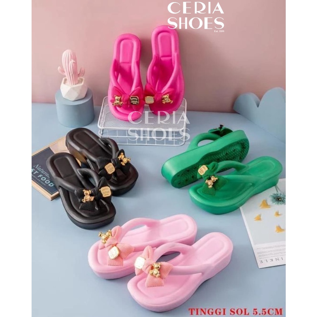 EVA Sandal Jepit Wedges Wanita Karet Import BKK Hak 5 Cm Rubber Spons Ringan Elastis Empuk Non-Slip Motif Pita Pin Gold LCM