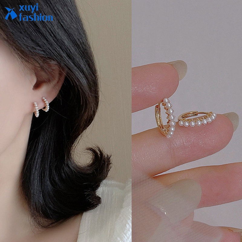 Set Anting Hoop Hias Mutiara Warna Emas Untuk Wanita