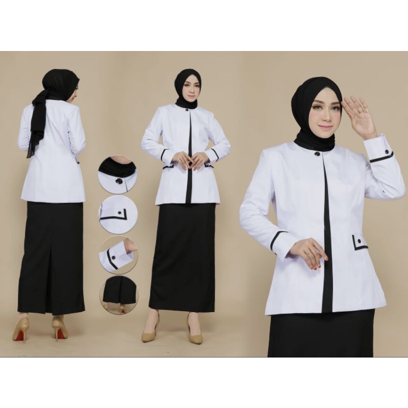 SERAGAM KERJA BAJU DINAS ASN HITAM PUTIH LIS HITAM MIRING WANITA ROK.HTM SPAN/ROK A/CELANA