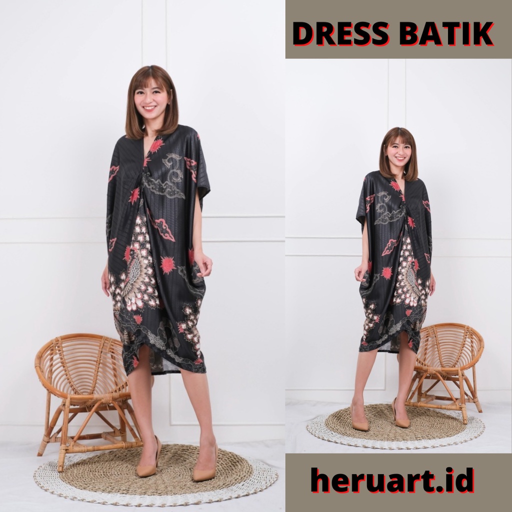 BAJU DRESS NATAL PREMIUM BATIK WANITA KAFTAN THANIA MODERN HITAM TENGAH HIJAU TUA MODEL ACARA FORMAL