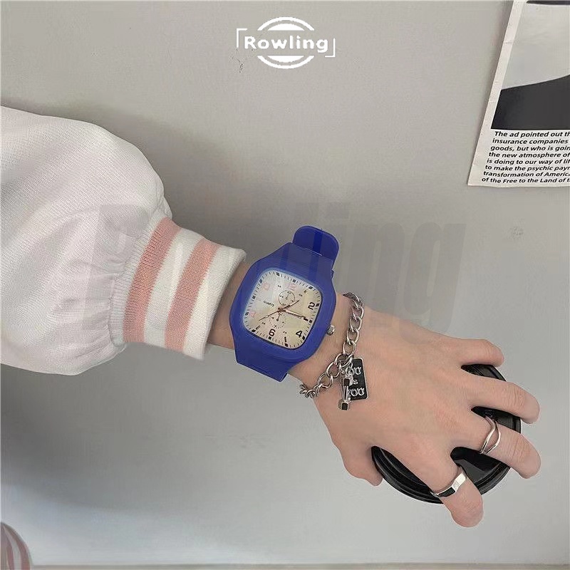Rowling (Jam-70) Jam Tangan Rubber Quartz Kotak Besar Wanita Dan Pria Fashion Gaya Korea Unisex Import