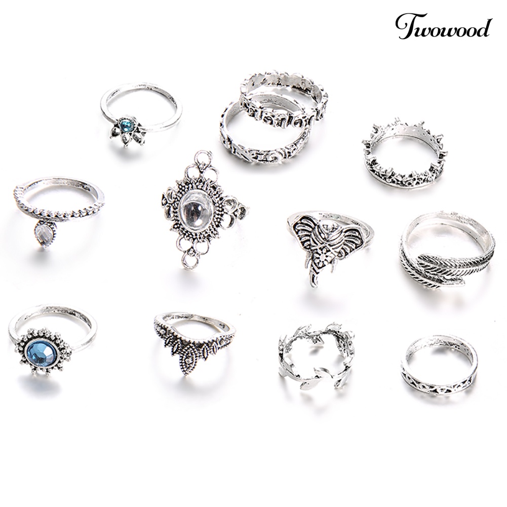 12 Pcs Perhiasan Cincin Knuckle Stacking Aksen Batu Permata Berlian Imitasi Gaya Vintage Boho Untuk Wanita