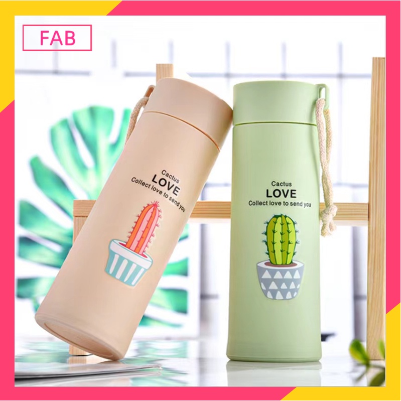 FAB 400ML Botol minum Kaca Thermos Botol Minum Unik Motif Kaktus Tumbler Termos /Botol Minum anak