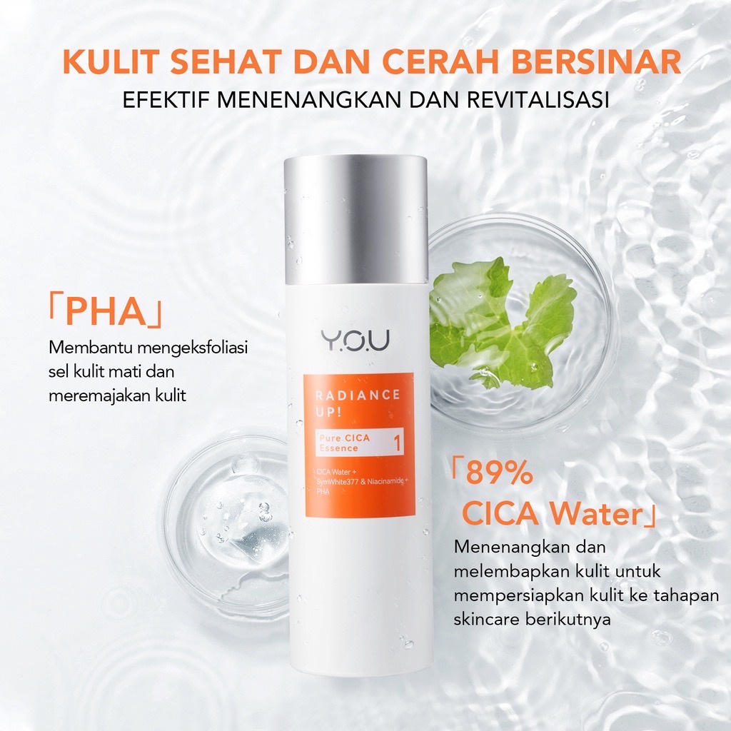 YOU Radiance Up! Pure Cica Essence Indonesia / Pelembab Wajah 100ml / Cica Water SymWhite 377 Niacinamide PHA / VC Licorice Extract / Brightening Exfoliating Dark Spot Jerawat / Skincare Face Care / Y.O.U 3 Step Brightening Skin Look Series Paket Bundle