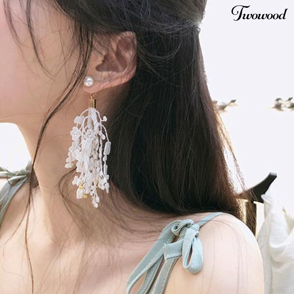 Twowood B253 Anting Gantung Panjang Tusuk Aksen Mutiara Imitasi + Glitter Anti Alergi Untuk Wanita