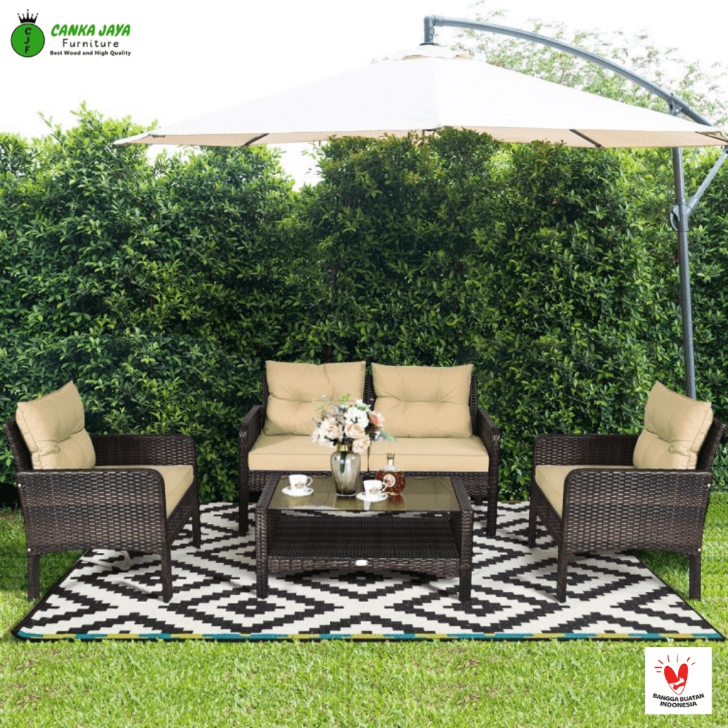 CANKA Gullo - Set Kursi Sofa Teras Rotan + Meja Tamu Outdoor Minimalis