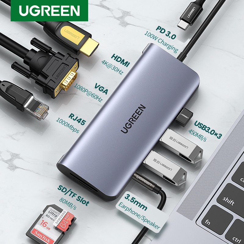 【Stok Produk di Indonesia】Ugreen Hub USB Tipe-C 10 in 1 Dengan Card Reader Ethernet 4K Ke HDMI VGA PD Power Delivery 3 USB 3.0 Ke 3.5mm SD / TF