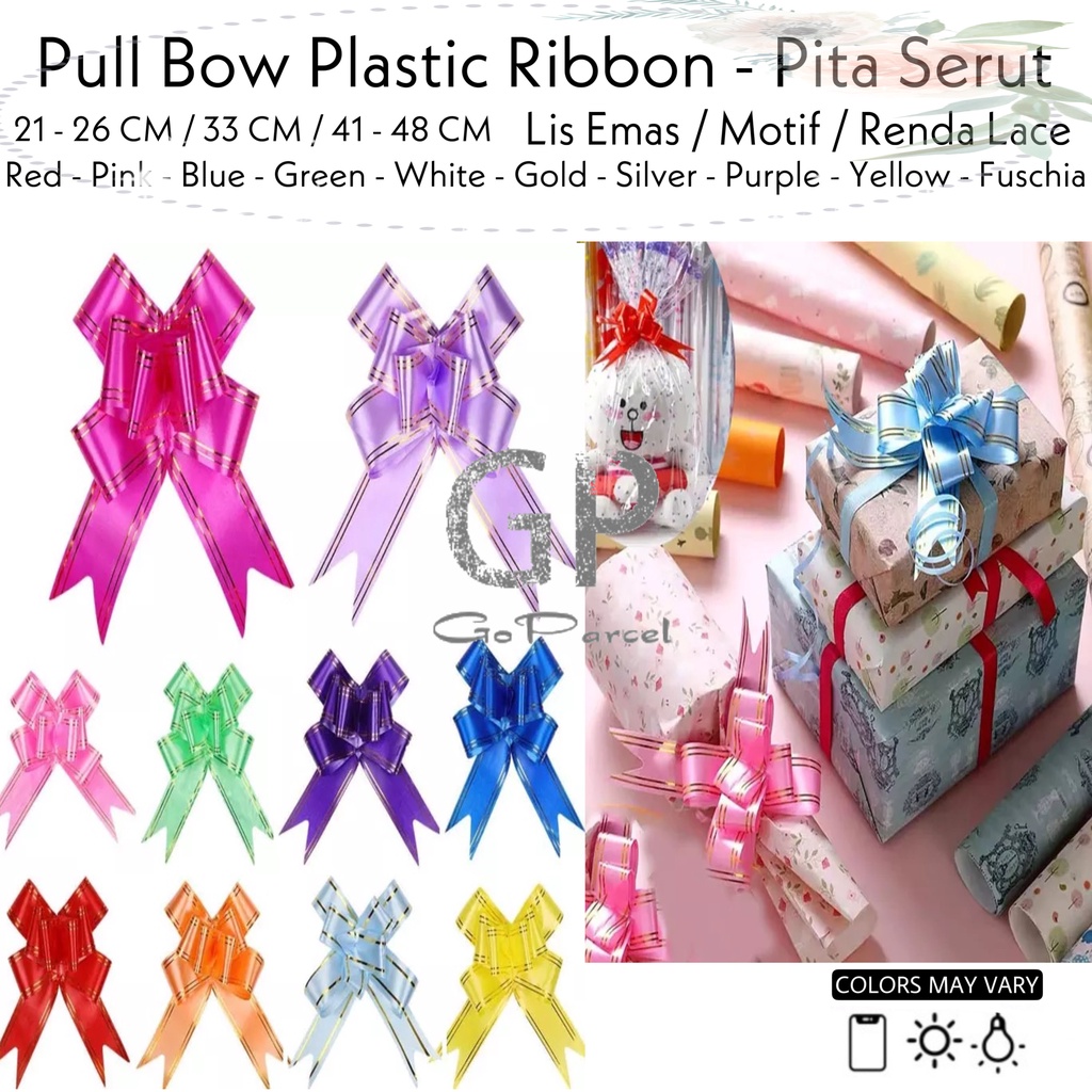 ( Pak 10 Pc ) PITA TARIK JEPANG LIST EMAS - PITA LIS 26CM 33CM 41CM 48CM / PITA JADI / PITA KADO GOLD LIST PLASTIK / HIASAN PARCEL HAMPER - PULL BOW PLASTIC RIBBON