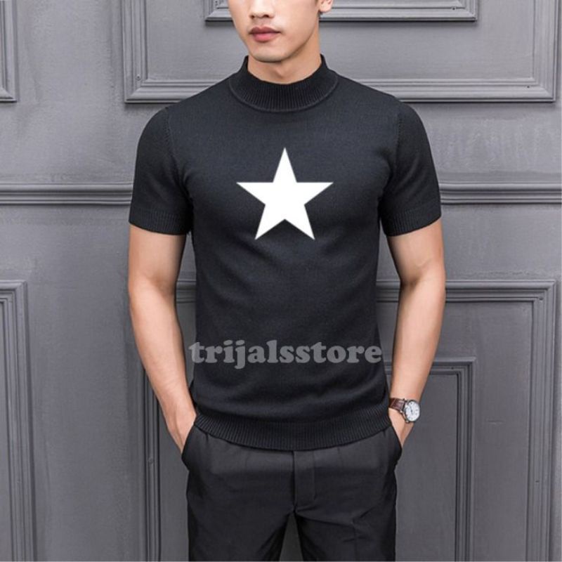 Turtleneck Kaos Model Turtle neck Lengan Pendek  Unisex Pria Wanita Motif Bintang Korea Korean style