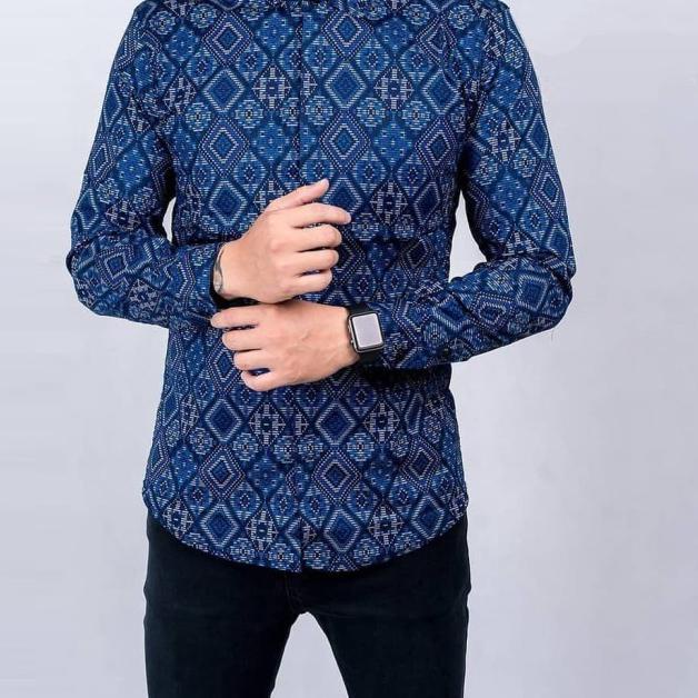Baju Kemeja Pria Batik Songket Diamond Modern Slimfit Casual Biru - Biru, M