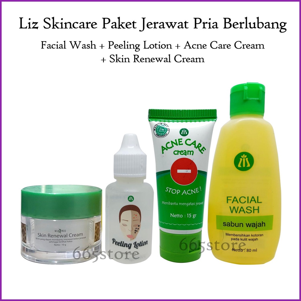 Liz Skincare 4 In 1 Paket Jerawat Pria Berlubang - Facial Wash + Acne Care Cream + Peeling Lotion + 