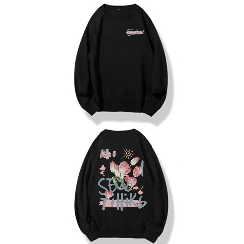 sweater oversize korea basic flower letter motif Print Print Sweater casual crewneck lengan panjang switer hitam wanita