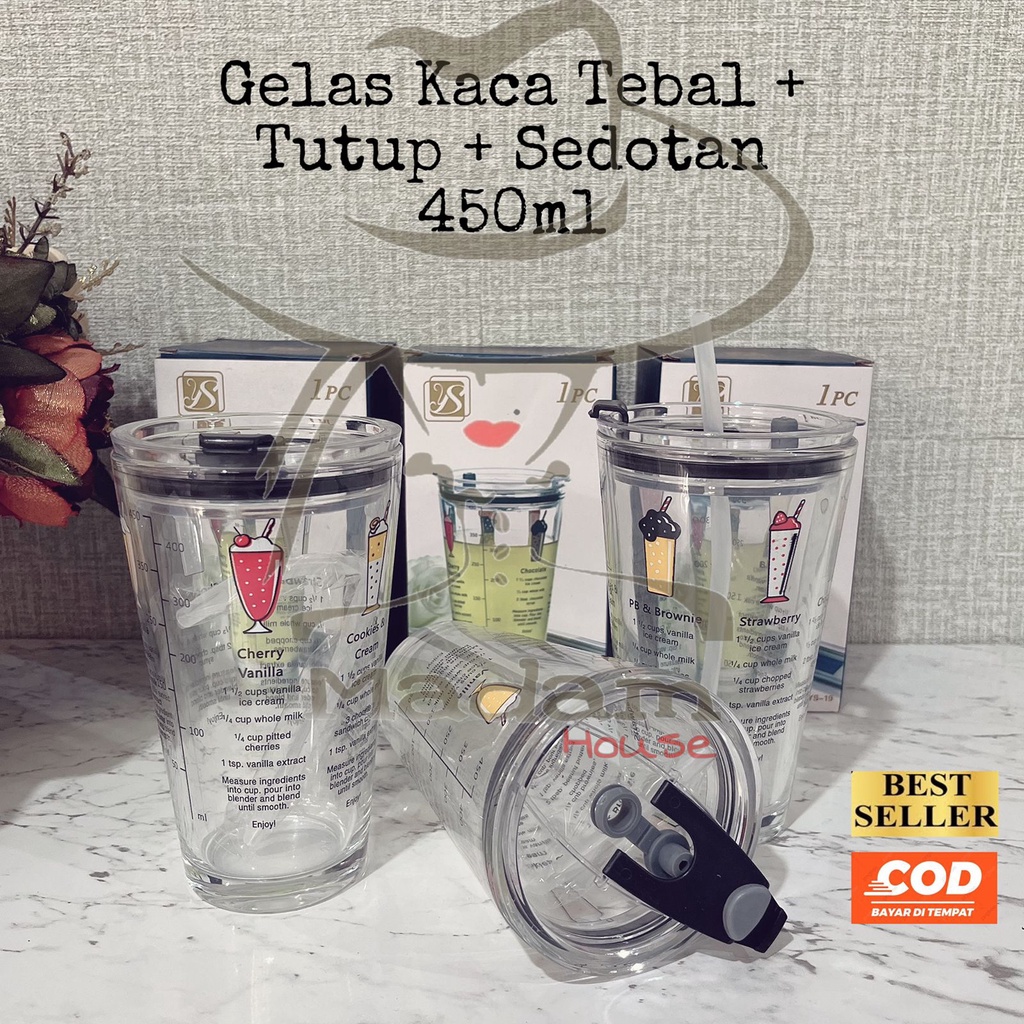 MH GELAS KACA TEBAL / GELAS TUMBLER + TUTUP + SEDOTAN 450ML