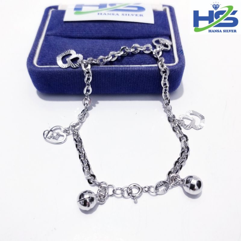 Gelang Perak Asli Silver Tangan Wanita 925 Lapis Emas Putih Rantai Nori Hollo Kopong Gantungan Love - Gelang Perak Wanita Anti Karat