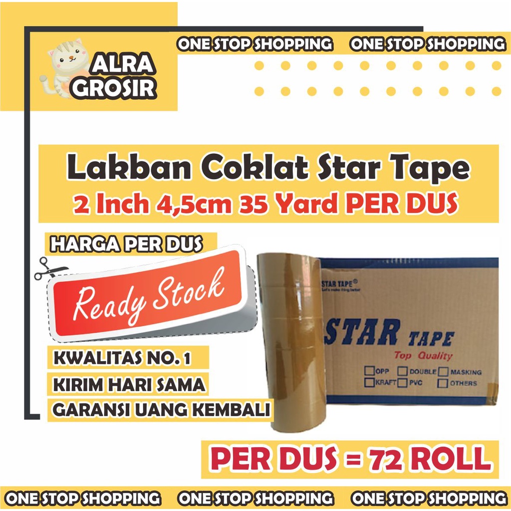 

(1 DUS) LAKBAN COKLAT BENING 2 INCH 45 mm x 35 meter MERK STAR TAPE ISI 72 PCS GROSIR