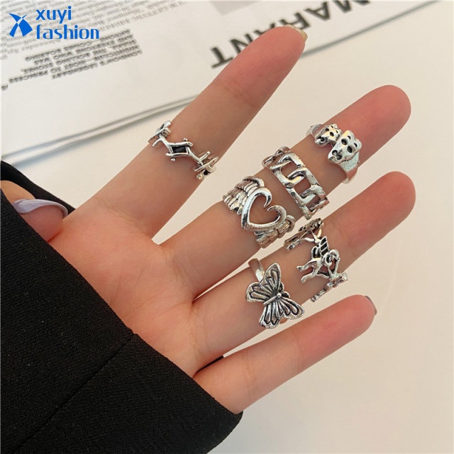 Set Cincin Model Butterfly Angel Hati Terbuka Warna Silver Gaya Vintage Untuk Pria Dan Wanita