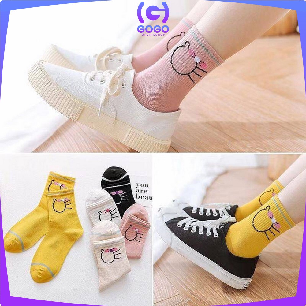 GOGO-P257 Kaos Kaki Motif Garis Kucing Panjang Semata Kaki Kaoskaki Pendek Wanita Ankle Socks Ala Korea Semata Kaki Import