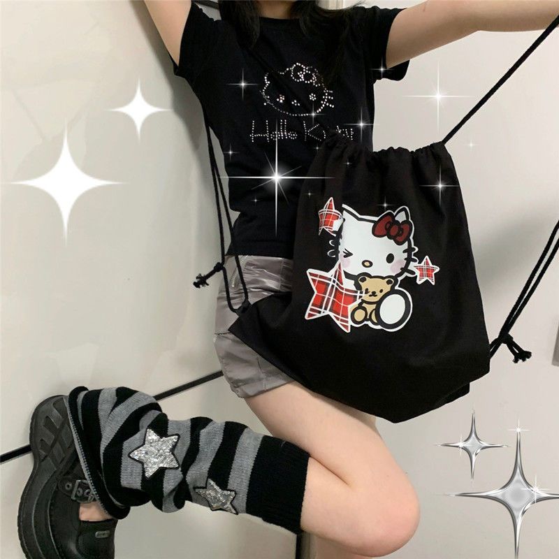 Sera sweetheart EGG original homemade spoof hellokitty shoulder canvas bag cute y2k star drawstring bag