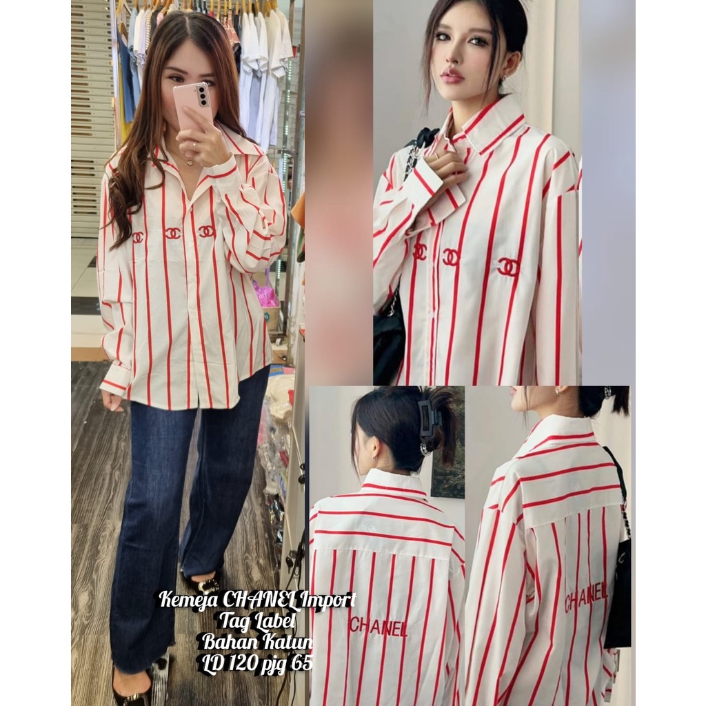 [Branded] Kemeja Jumbo Wanita Salur Lengan Panjang Katun Premium All Size Import LD 120