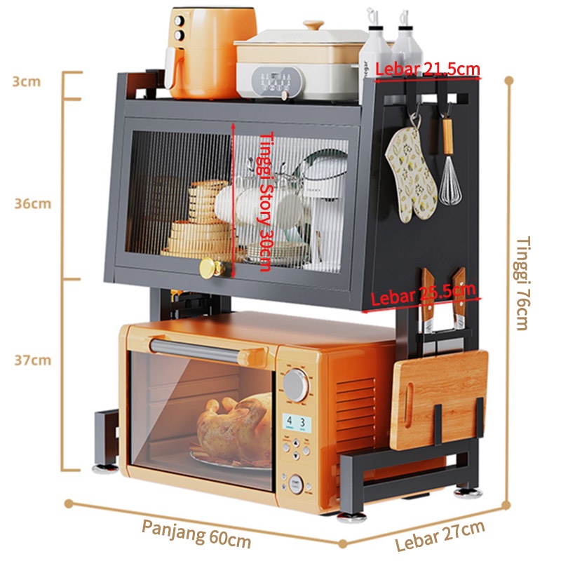 Lemari Microwave dengan Pintu Rak Kabinet Dapur Rak Oven Rak Penyimpanan Piring Dapur