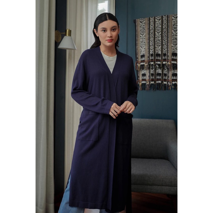 Jazzy Long Cardigan - Navy Grey Red Benang jarum benangjarum XS S M L XL XXL buttonscarves nada seri