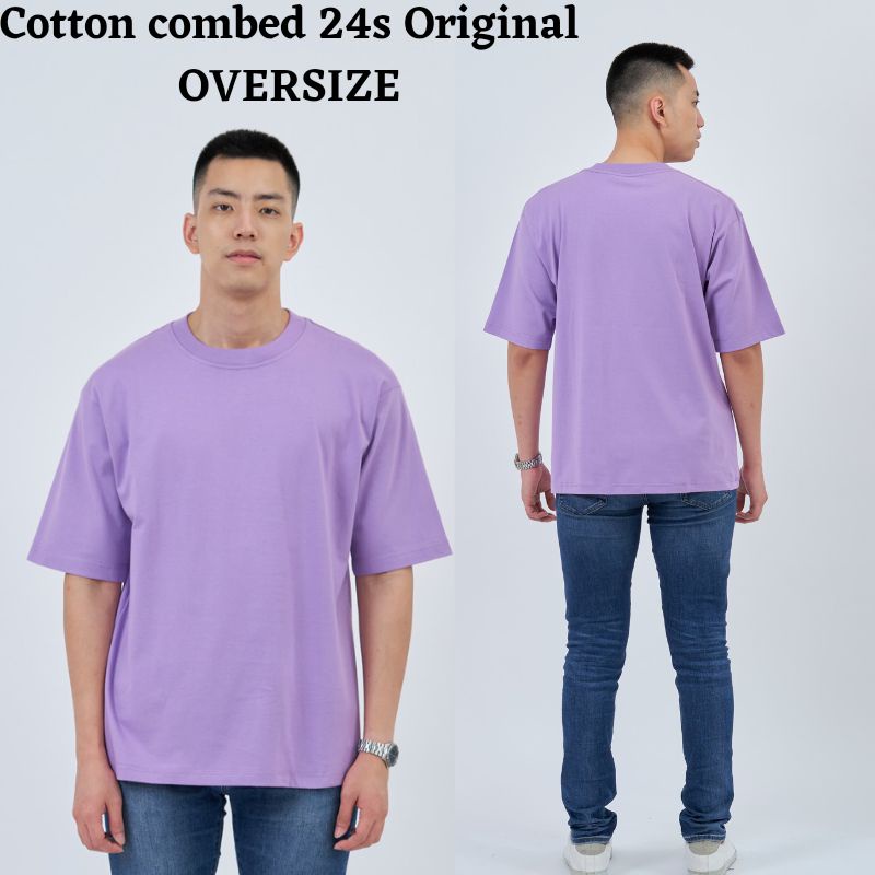 Baju Kaos T-shirt Oblong Pria Oversize Jumbo Lengan Pendek Cotton Combed 24s Lilac , Atasan pria, Pa