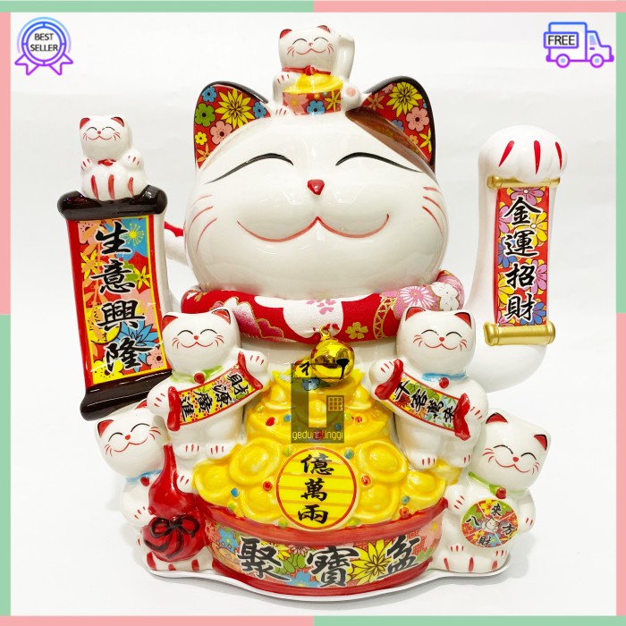 Patung Pajangan Boneka Dekorasi Hiasan Kucing Bawa Panggil Rejeki Rezeki Hoki Maneki Neko Maneko Neki ManekiNeko Lucky Cat Keberuntungan Keramik Tangan Goyang Gerak Meja Kasir Toko Restaurant Cina China Jepang Korea XL Jumbo Besar Listrik Baterai Batrai