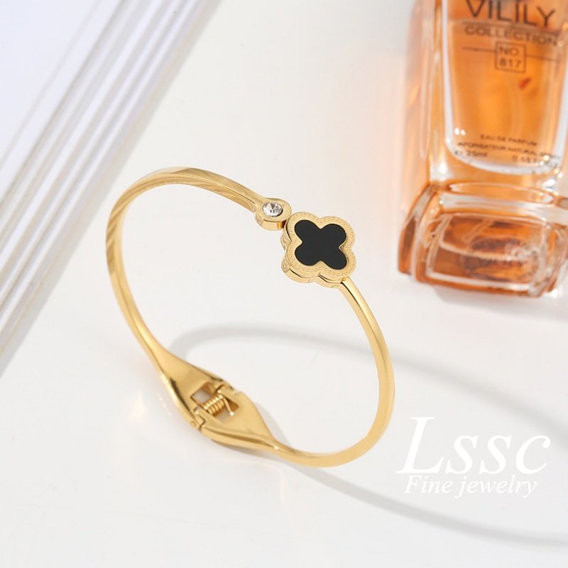 Gelang Titanium Semanggi Hitam Cantik Emas 18K Bangle Wanita Anti Karat Aksesoris Fashion Korea