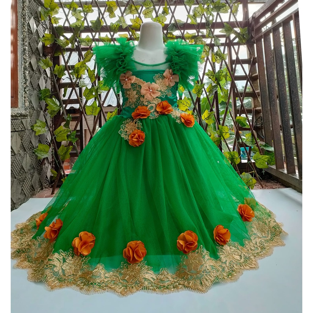 Dress Party Megar Brukat Golden, Dress Ulang Tahun Anak, Dress Natal