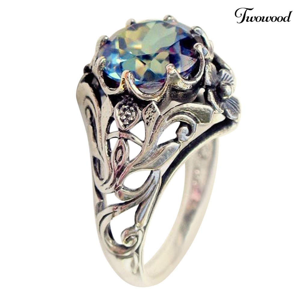 Cincin Zirkon Warna Pelangi Model Hollow Out Gaya Vintage Untuk Wanita