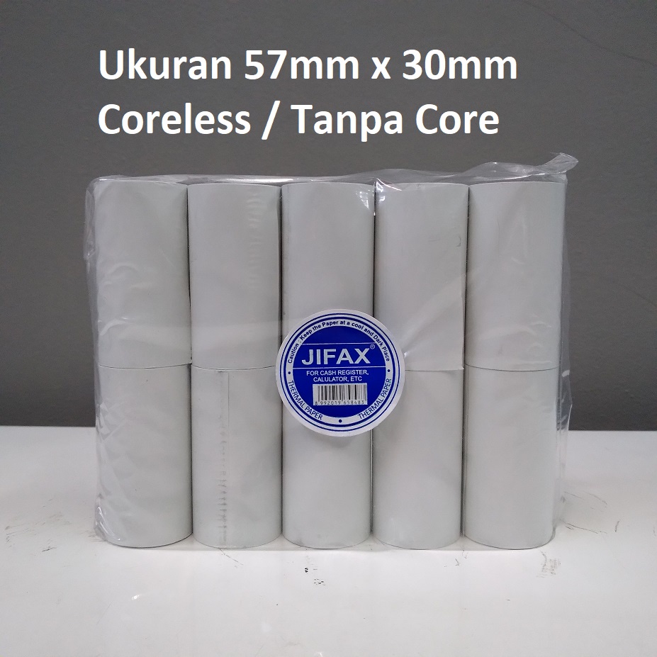 

Jifax Thermal Paper 57mm x 30mm Coreless isi 10 roll Hasil Cetak Hitam