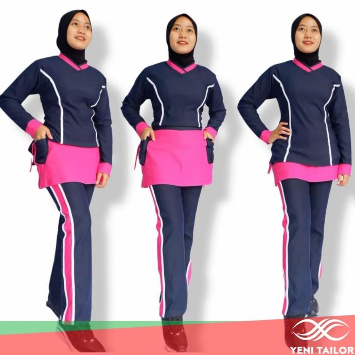 Baju Senam Wanita Terbaru Celana Rok Navy Bahan Denim Spandex Katun