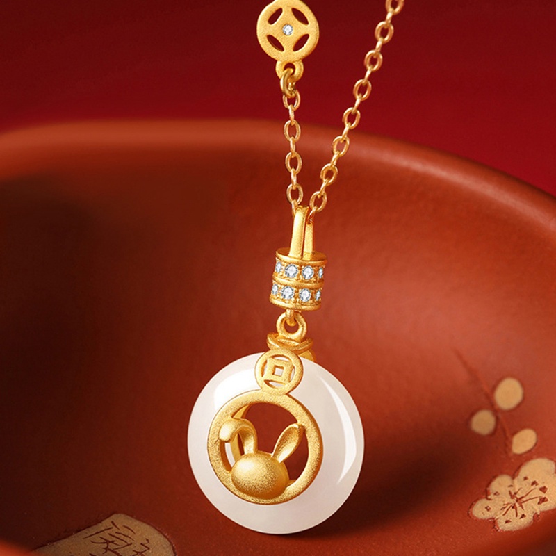 Fancyqube Kalung Liontin Giok Hetian Putih Cabang Emas Bentuk Kelinci Gaya Cina Retro Untuk Hadiah Liburan