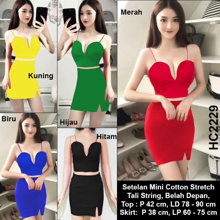 HC2229 Setelan Mini Cotton Tali String Belah depan Strech / Mini Dress / Setelan Mini Dress Seksi / Set Korean Dress