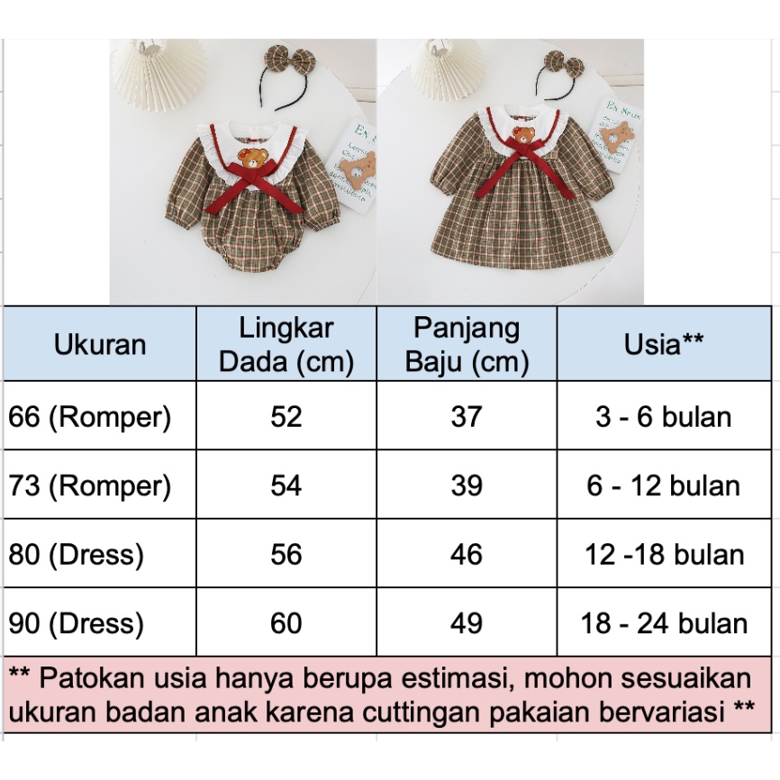 Romper Bayi Perempuan Free Bando Impor / Dress Anak Cewek Motif Kotak Kotak Teddy Bear / Baby Jumper Import