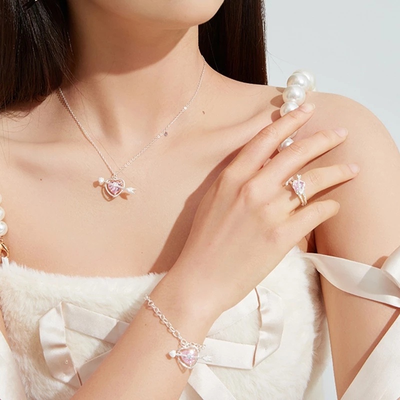 Kalung Rantai Klavikula Hias Kristal Warna Pink Gaya Korea