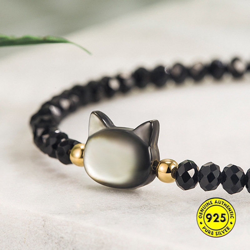 Gelang Tangan Rantai Adjustable Aksen Kucing Hitam + Kristal Untuk Wanita U1352