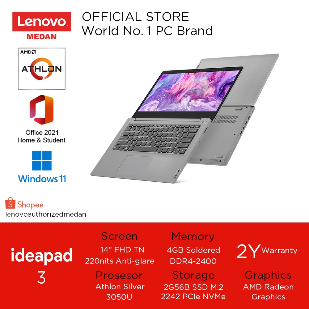 Lenovo Ideapad 3 14ADA05 V1ID,V2ID, Athlon Silver 3050U/4GB/256GB/W11HSL+OHS/2Y/14” FHD