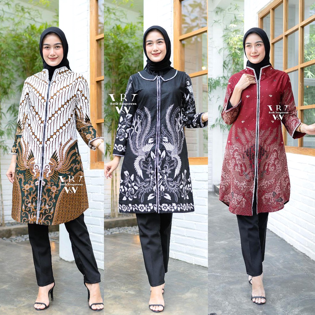 Baju Batik Wanita Modern Atasan Batik Kerja Wanita Tunik Batik Kantor Lengan Panjang Seragam Batik M L XL XXL