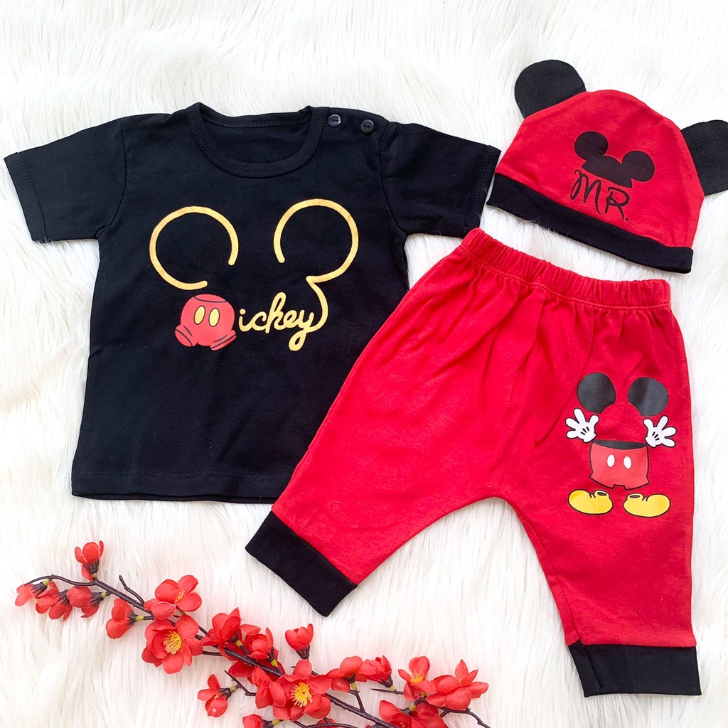 Baju setelan kaos celana topi mickey mouse pergi jalan lucu fashion anak bayi cowok laki murah -MRM